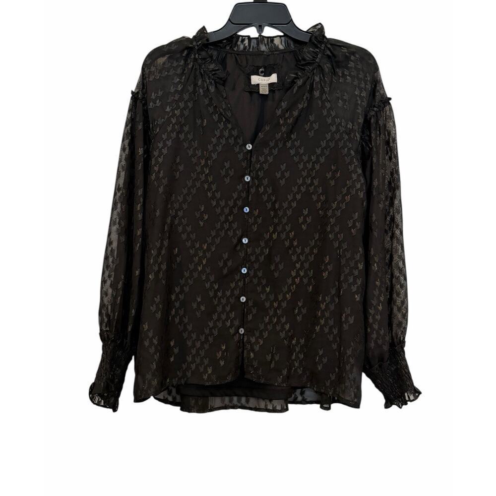 Cupio Women’s Ruffle Trim Black Button Blouse Diamond Pattern Cuff Sleeves M